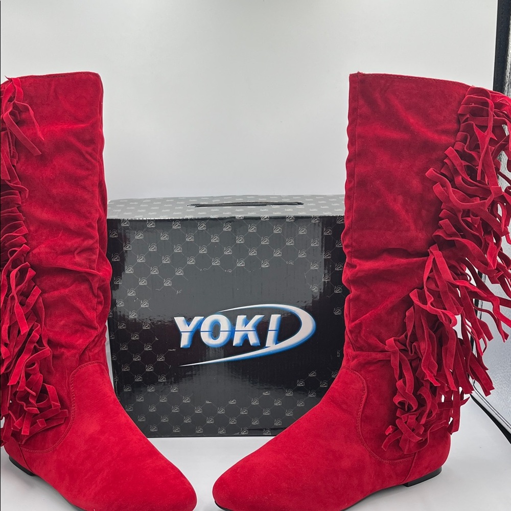 Yoki Red Over the Knee Fringe Boots